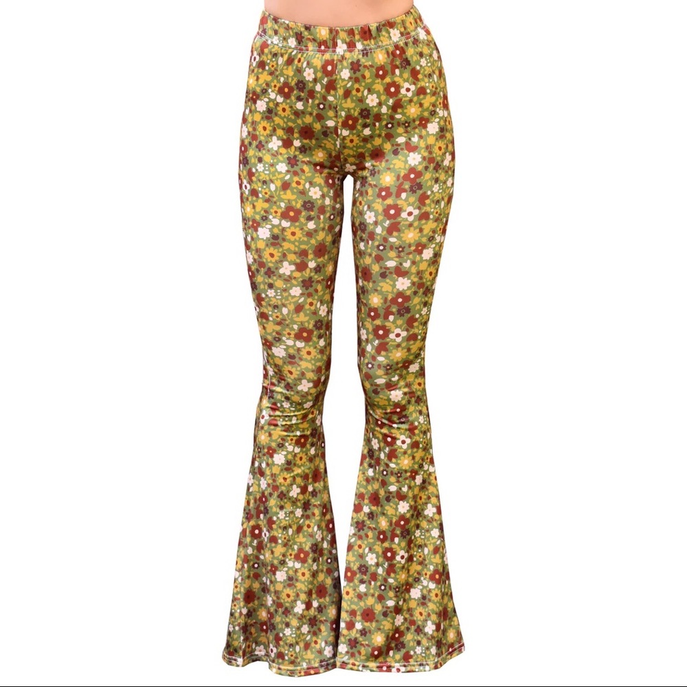 Bell bottom pants - olive floral